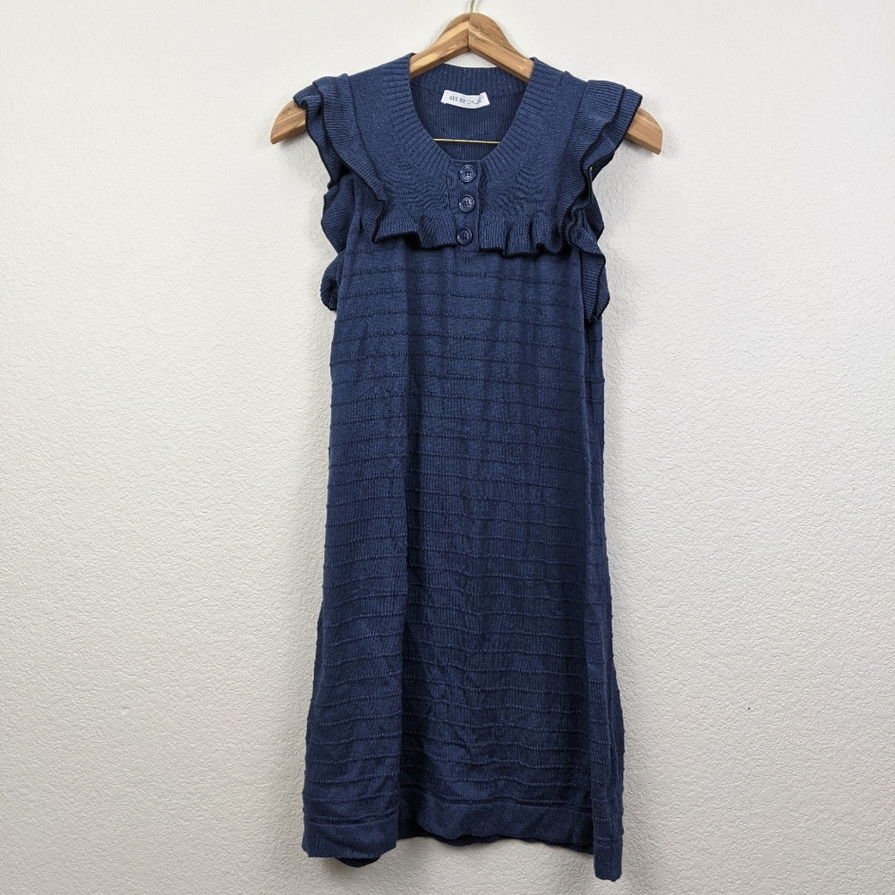 See by Chloe Ruffle Striped Cotton Navy dress 4